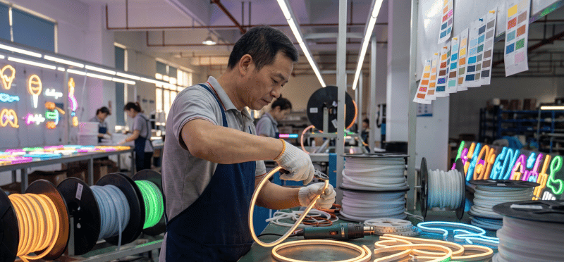 Factory technician hand-crafting LED neon tubing at Hongmiao Technology factory-direct production facility
