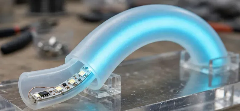 Close-up of silicone neon flex tubing on UV-stable acrylic backing, the two materials that decide the cost of a bulk order