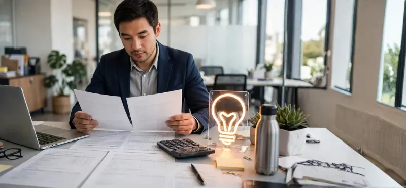 Buyer comparing itemized supplier quotes at a desk, with a neon sign sample next to the paperwork