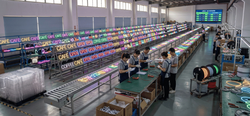 Large-scale neon sign production line showing bulk order manufacturing capacity and scalability