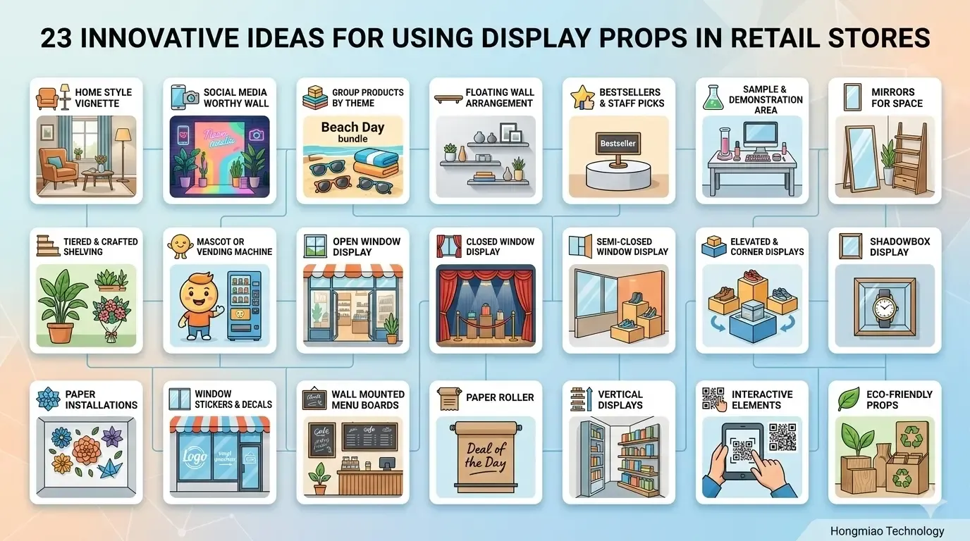 Infographic of 23 creative display props ideas for retail stores, featuring visual merchandising tips by Hongmiao Technology.