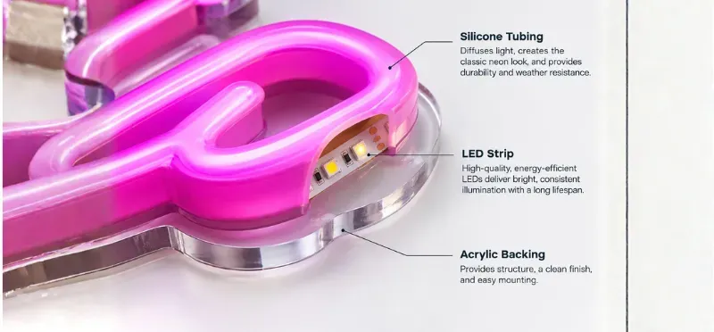 wholesale-grade neon sign materials showing silicone tubing and LED construction