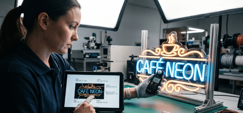 Quality control technician checking neon sign color and brightness during sample approval process